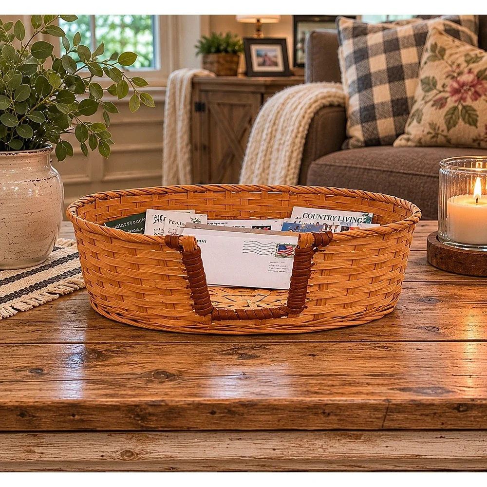 Vintage Woven Splint Wood Utility Basket Round Mail Organizer 10.5 Inch Brown